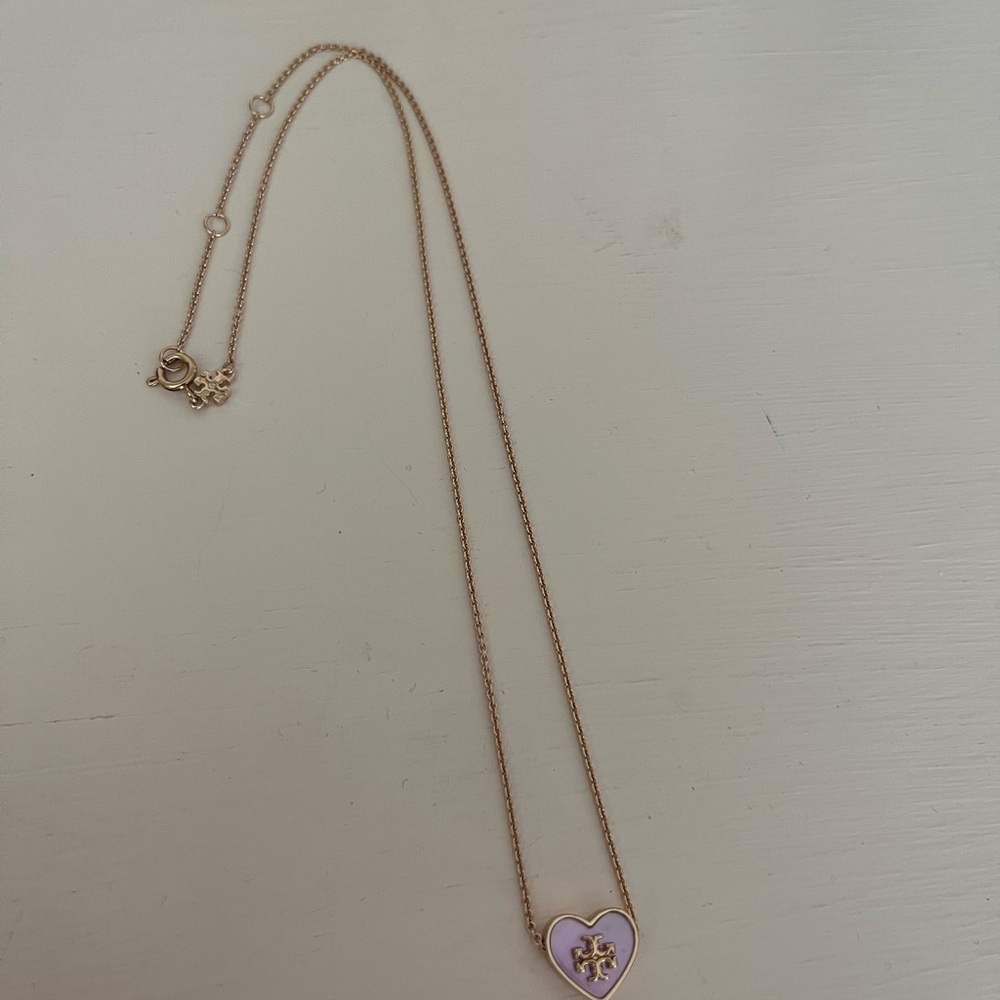 Tory Burch Gold Chain Necklace with Pink Heart Logo Pendant